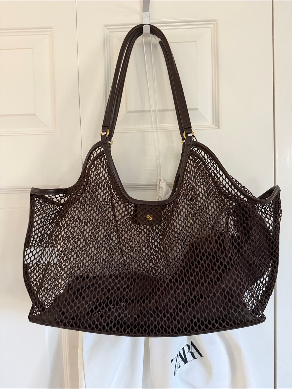 ZARA Dark Brown Mesh Tote with faux Leather Trim